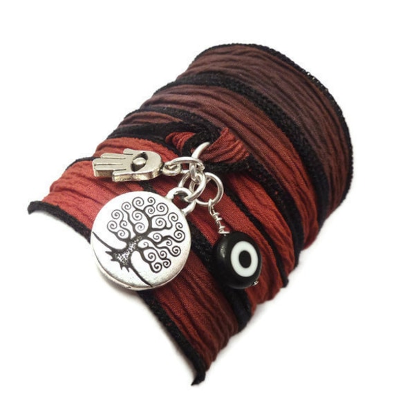 Silk Ribbon Wrap Bracelet with Protection Charms,yoga jewelry,wrapped, wrapping, wrap around,wrist wrap