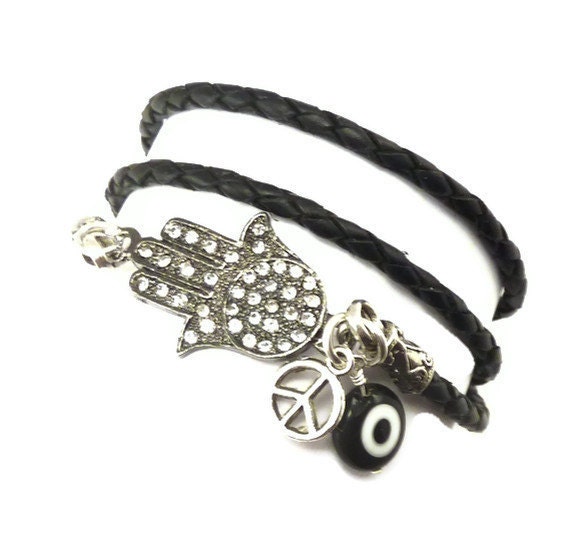 Leather Wrap Bracelet with Hamsa, Peace Sign, and Evil Eye,yoga jewelry,wrapped ,wrapping bracelet,wrapped, wrapping, wrap around,wrist wra