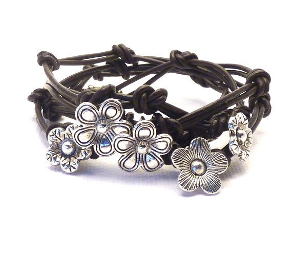 Knotted Leather Wrap Bracelet with Flower Charms,yoga jewelry,wrapped, wrapping, wrap around,wrist wrap