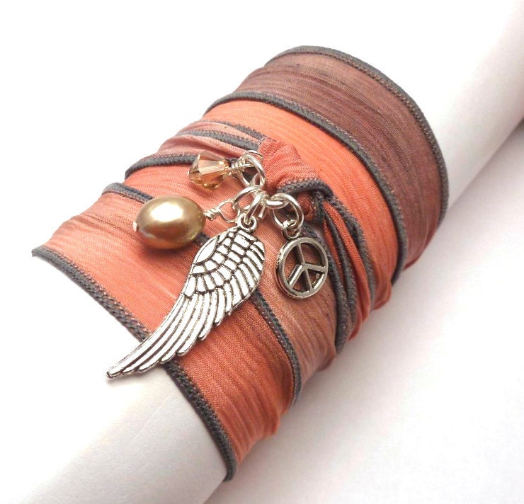 Hand Dyed Silk Ribbon Bracelet with Peace Sign and Angel Wing,yoga jewelry,wrapped, wrapping, wrap around,wrist wrap