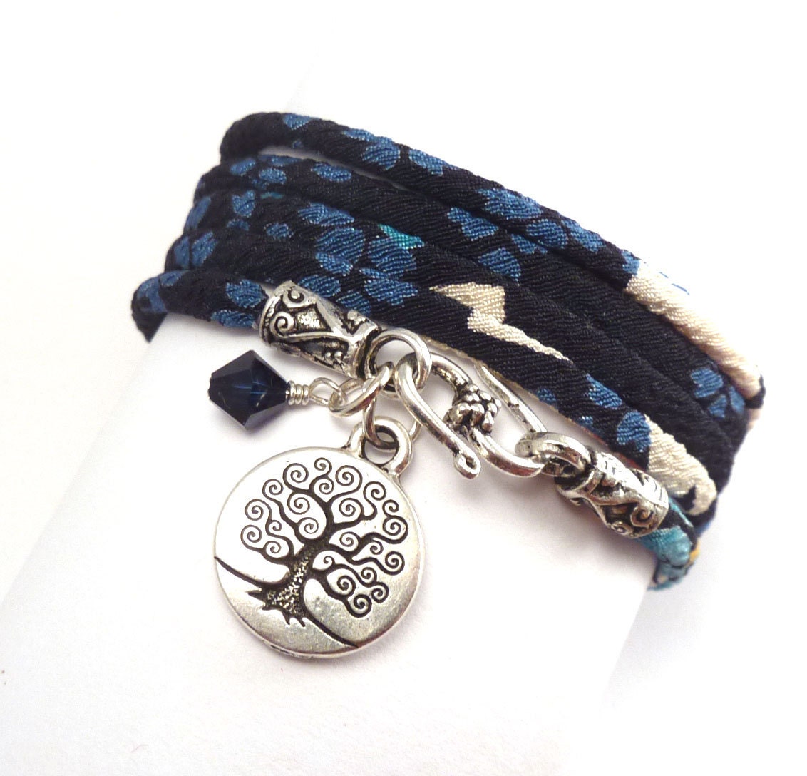 Wrap Bracelet made with Japanese Chirimen Cord and Tree of Life Charm, yoga jewelry, wrapped wrapping bracelet, wrap around