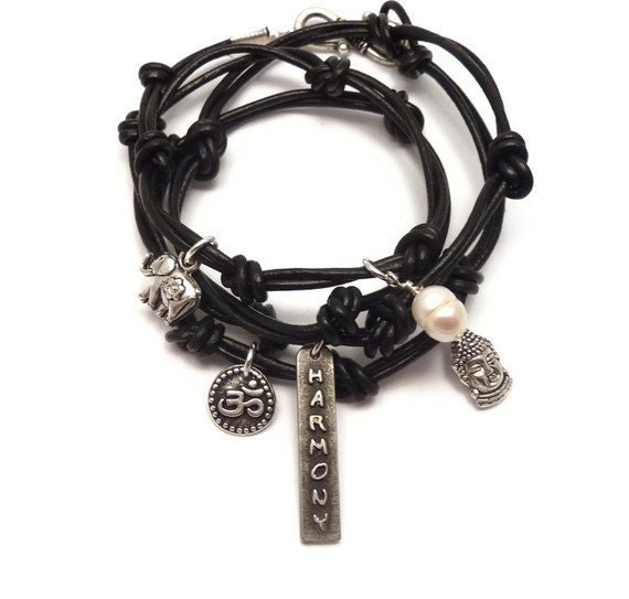 Black Leather Wrap Bracelet with Harmony Charm,yoga jewelry,wrapped, wrapping, wrap around,wrist wrap