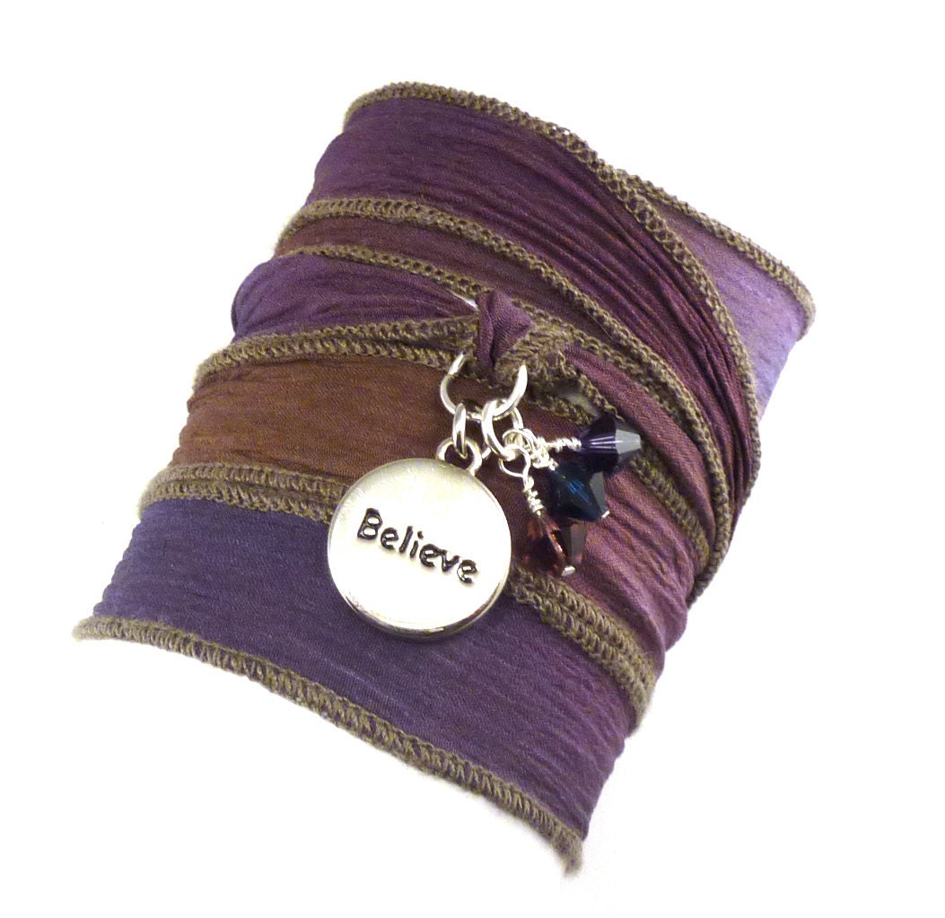 Hand Dyed Silk Wrap Bracelet with Believe Charm and Swarovski Crystals