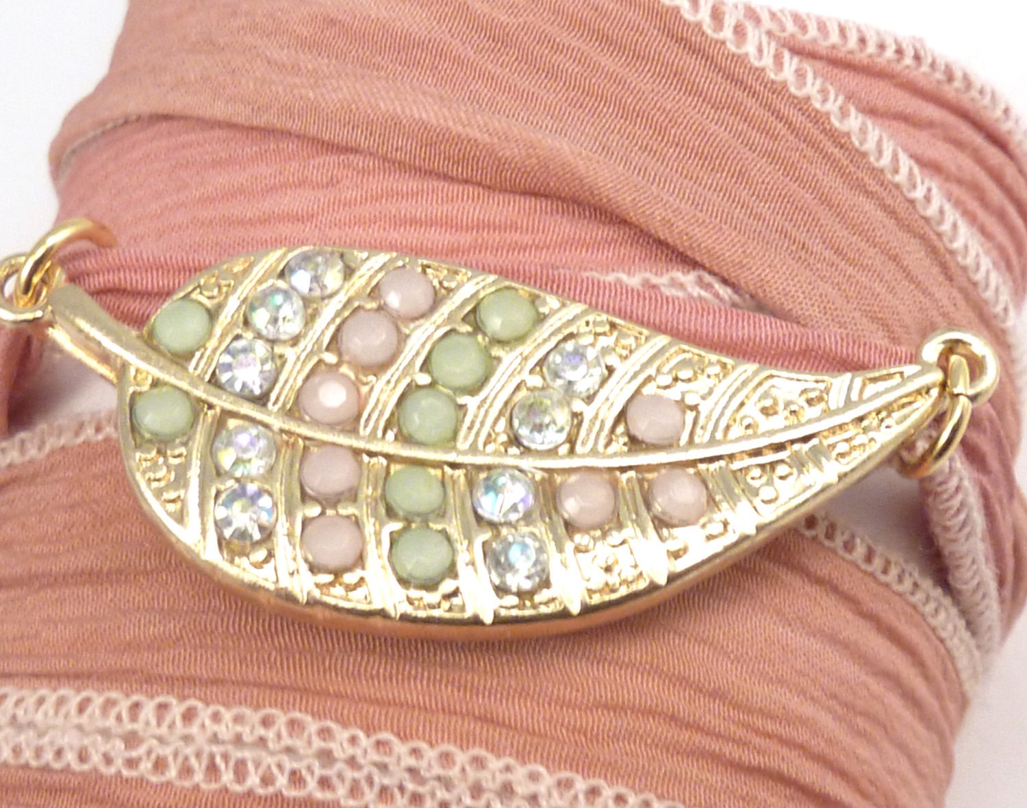Silk Wrap Bracelet with Leaf Connector, yoga jewelry, wrapped wrapping bracelet, wrap around,wrist wrap