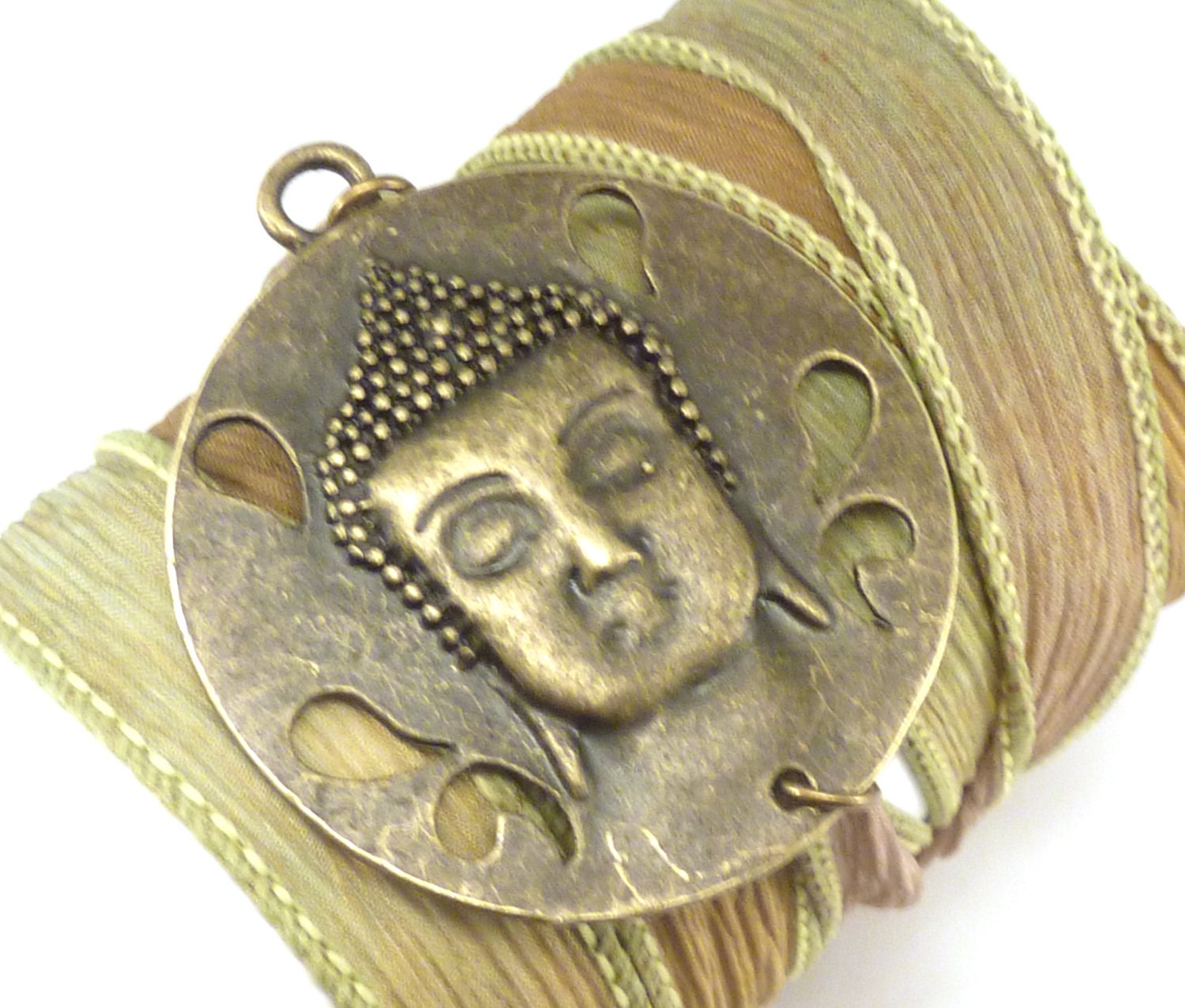 Boho Chic Silk Wrap Bracelet with Bronze Buddha Head,yoga jewelry,wrapped, wrapping, wrap around,wrist wrap