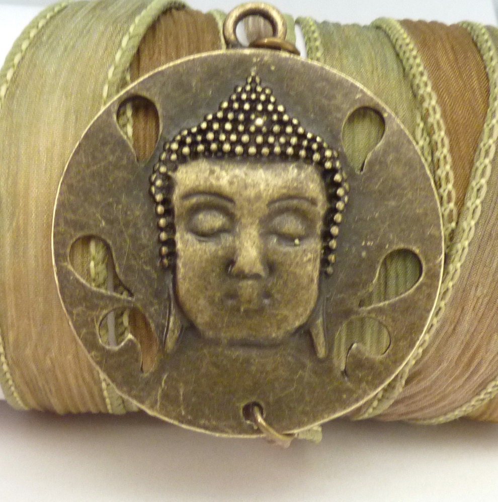 Boho Chic Silk Wrap Bracelet with Bronze Buddha Head,yoga jewelry,wrapped, wrapping, wrap around,wrist wrap