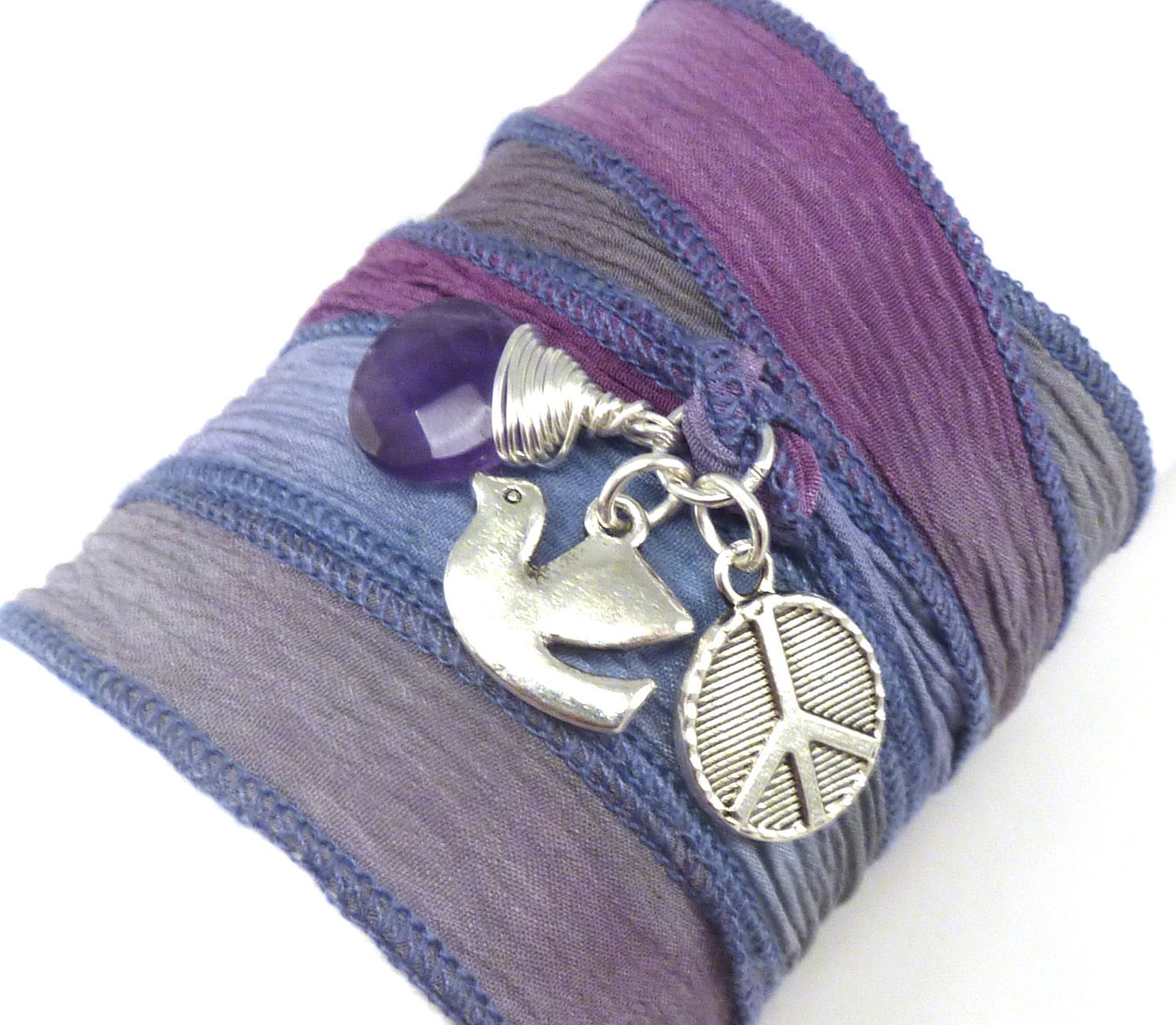 Hand Dyed Slk Ribbon Wrap Bracelet with Dove, Peace Sign, and Amethyst, yoga jewelry, wrapped wrapping bracelet, wrap around,wrist wrap