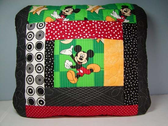 Quilted Mickey Pillow Cover - Cotton Fabric, Green/Black/Red/White/Mustard