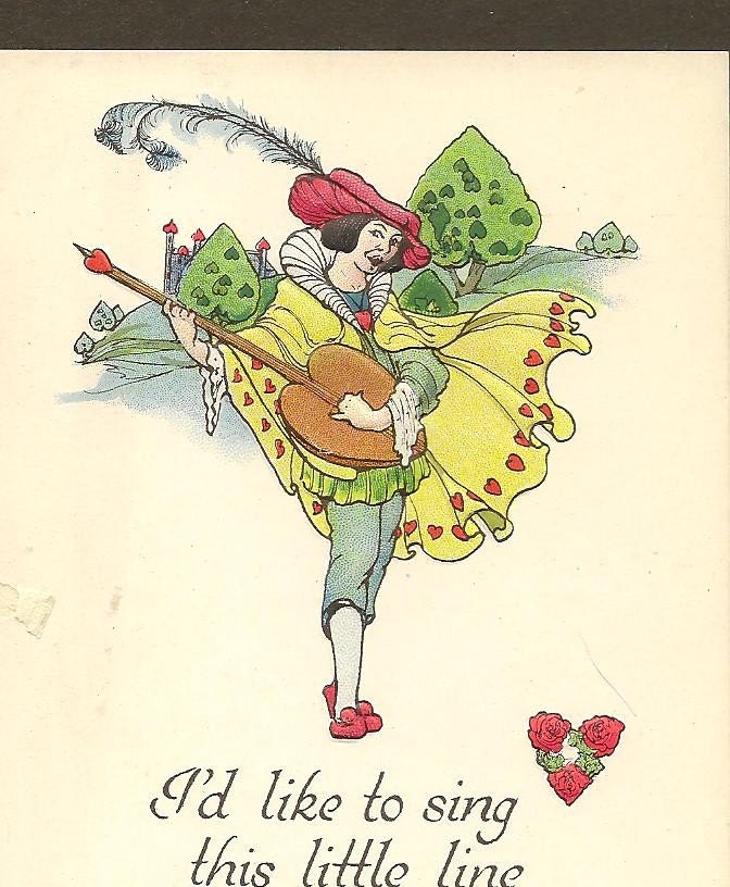 Vintage Valentine Postcard Minstrel with fabulous cape and feathered hat - unused vintage Valentine postcard