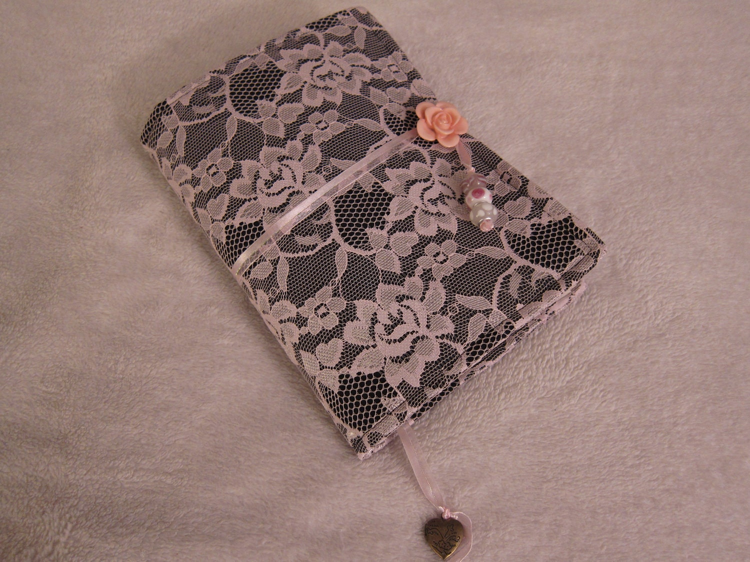 Shabby Chic Lolita Journal Handmade Scrapbook or Diary and Free Bookmark Light Pink Lace 6" Width x 8" Height - Ready to Ship