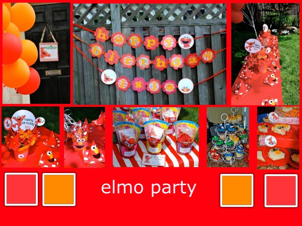 Elmo Birthday Party Packaged Set Everything You Need Banner, cupcake toppers, gift tags, bottle wraps, hats, centerpiece