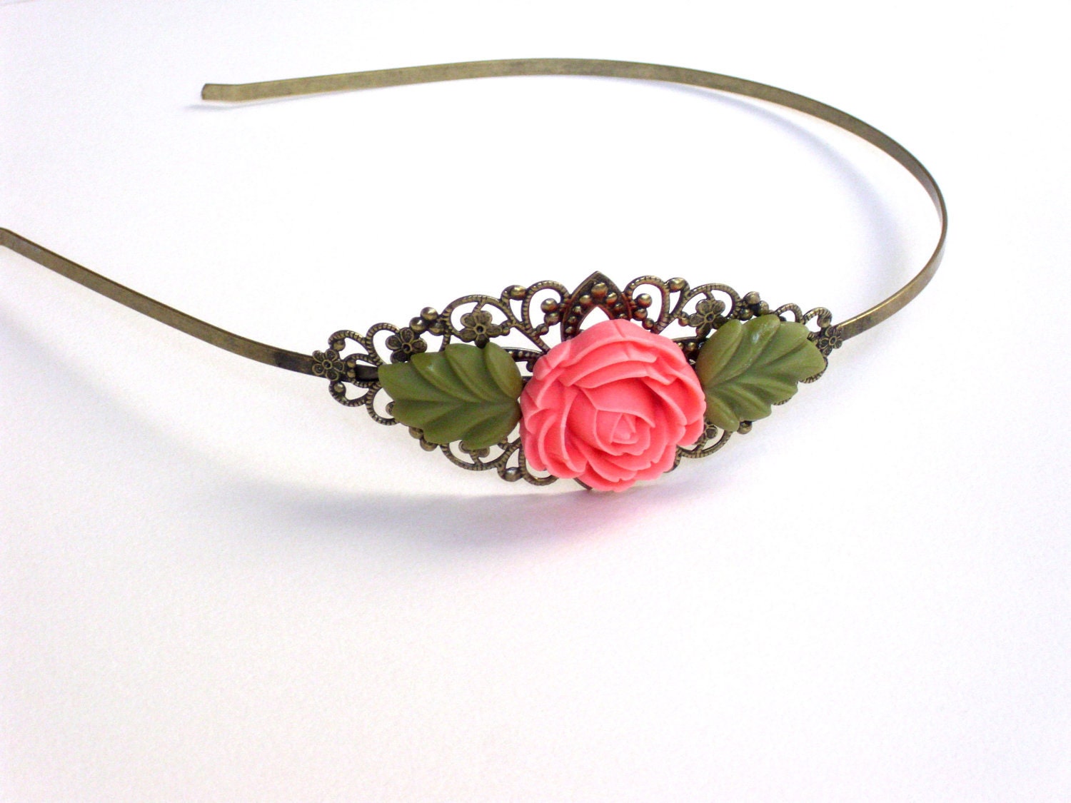 Brass headband with pink roseand leaves resin cabochon