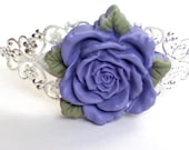 Silver plated headband with purple  resin rose with leaves  cabochon