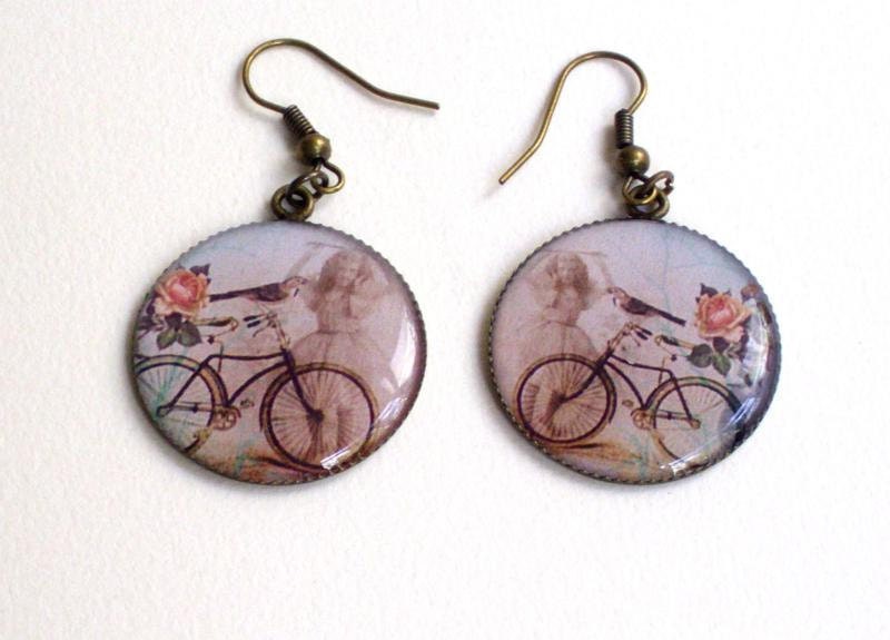Resin cabochon, bicycle design earrings