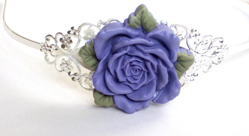 Silver plated headband with purple  resin rose with leaves  cabochon