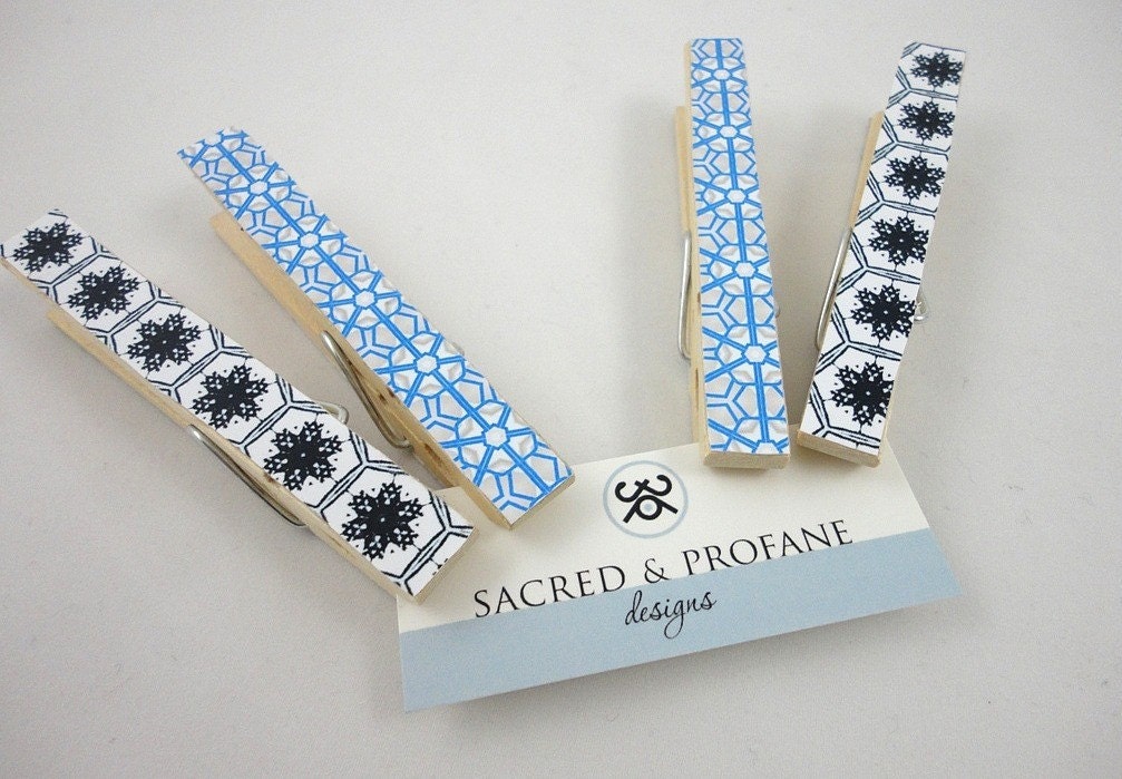 Clothespins Pegs Pale Blue and Black for Wedding Decor, Office, Back to School - Set of 4