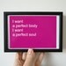Typography Print Perfect Body, Perfect Soul Lyrics in Hot Pink, 4 x 6 inches