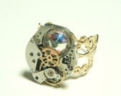 Steampunk swiss watch movement ring - swarovski rose aurore boreale crystal