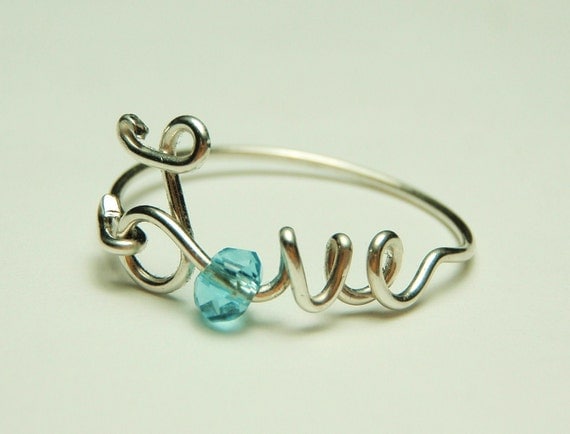 love wire ring sterling silver - baby blue faceted crystal reduced price-love word- script-italics-writing