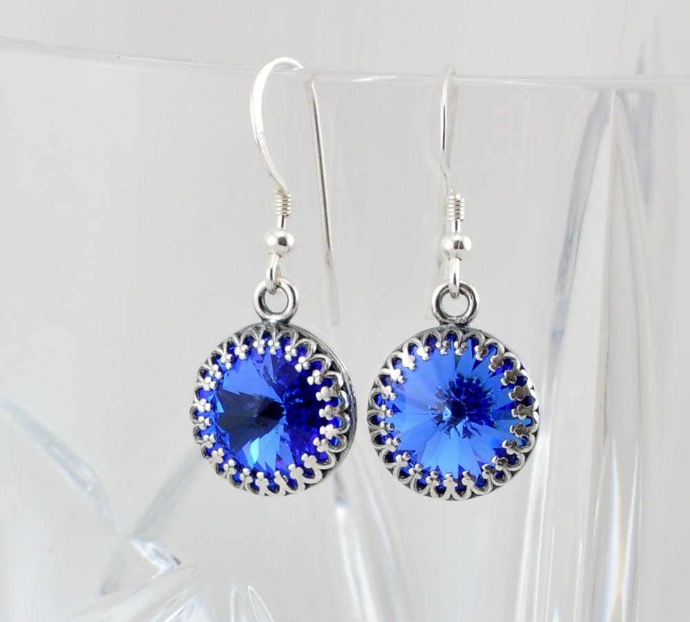 Victorian Earrings, Antiqued Swarovski Crystal Drop Earrings, Sapphire Blue, Medium Blue, Sterling Silver