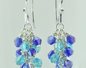 Swarovski Crystal Earrings, Cluster Dangle Earrings, Swarovski Earrings - Aquamarine and Sapphire Blue AB - Sterling Silver Earwires