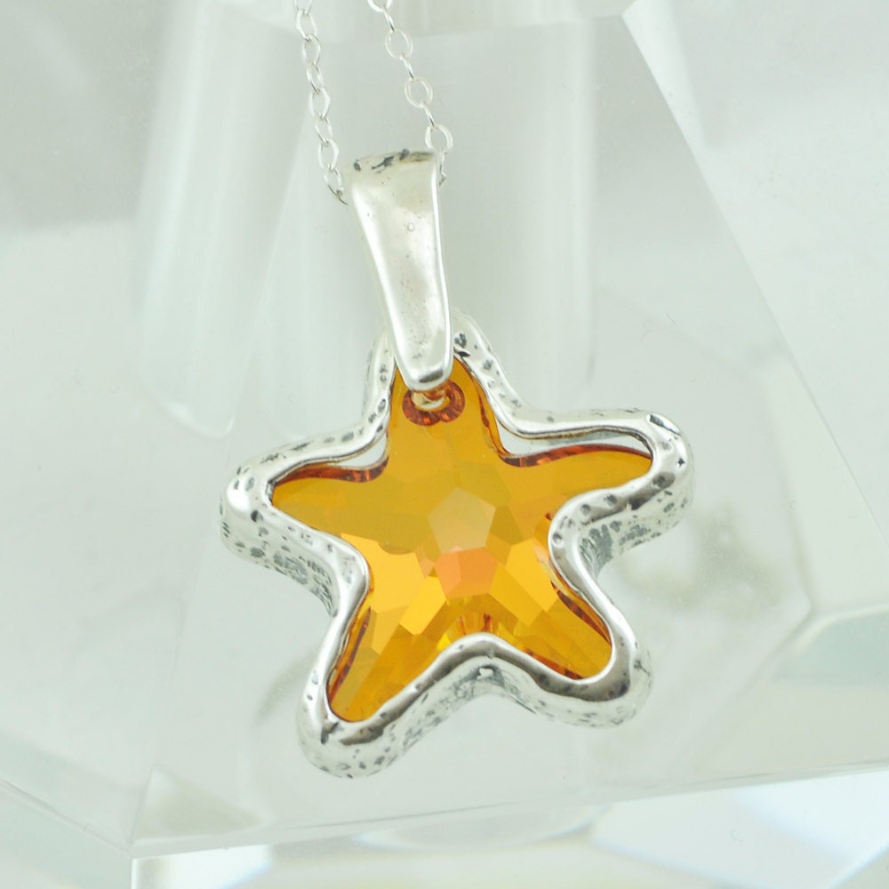 Swarovski Crystal Starfish Necklace, Faceted Beach and Ocean Themed Pendant, Sterling Silver, Summer Fashion, Astral Pink, Topaz Orange