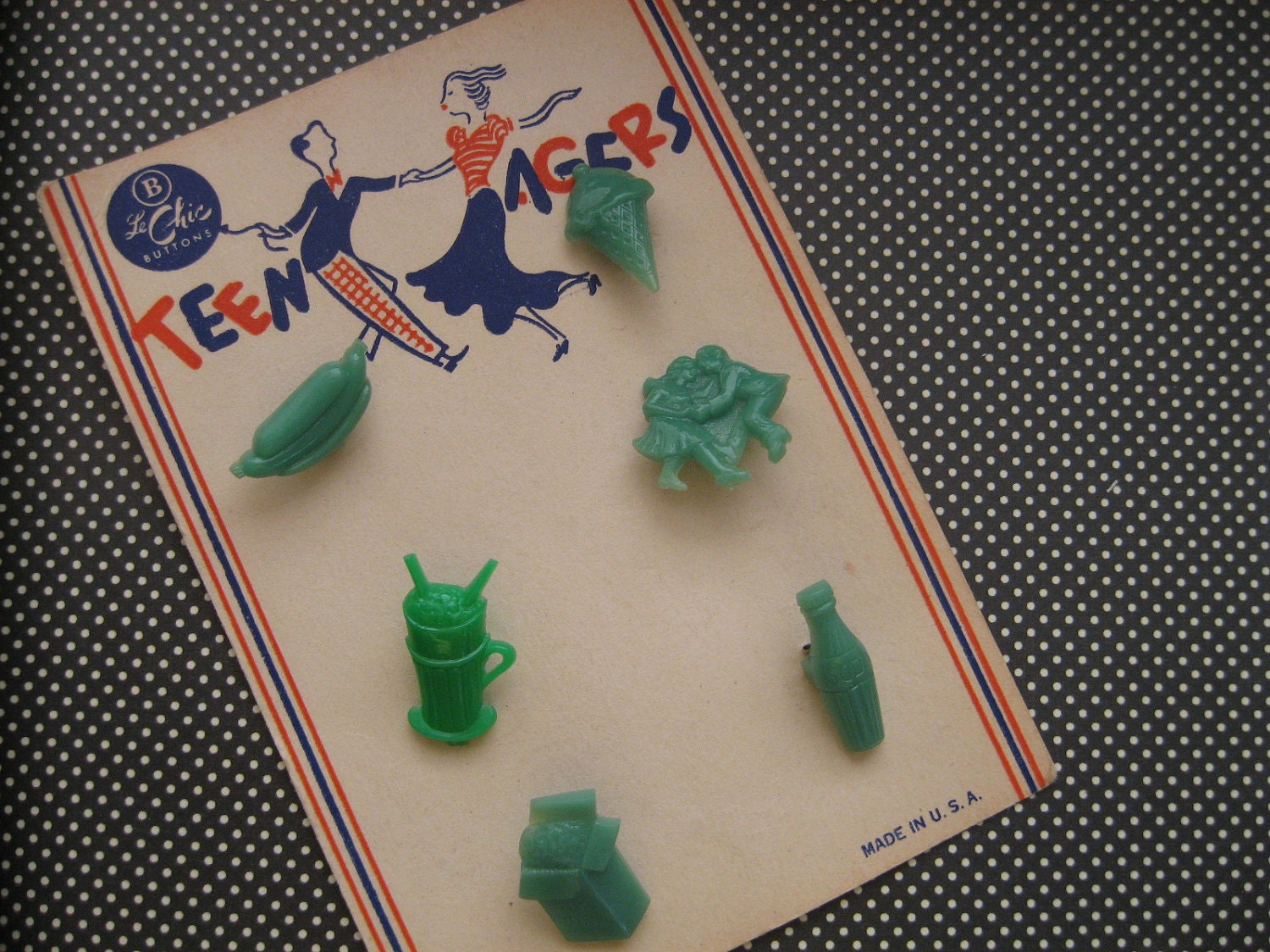 Adorable...Vintage Le Chic "Teenager" Buttons...on card..hot dog, ice cream, rock and roll....dancing