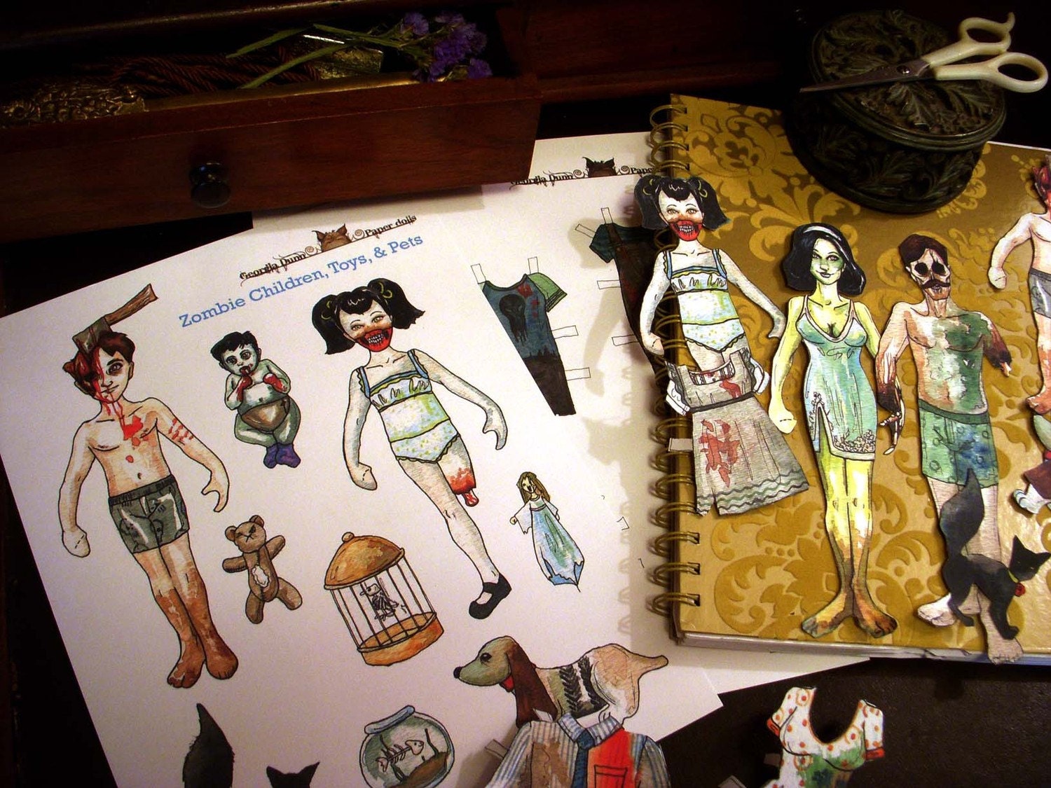 Zombie Family Paper Doll Savings Bundle -  Zombie dolls and everyday clothes, sleepwear, vacation, uniforms, and wedding set