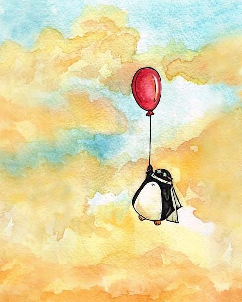 Penguin and a Red Balloon - 8x10 print