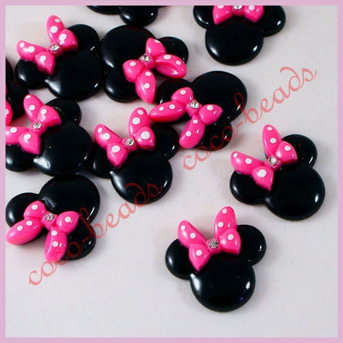 25mm 12pc Hot Pink Rhinestone Polka Dot Bow Minnie Mouse Flatback Resin Cabochon
