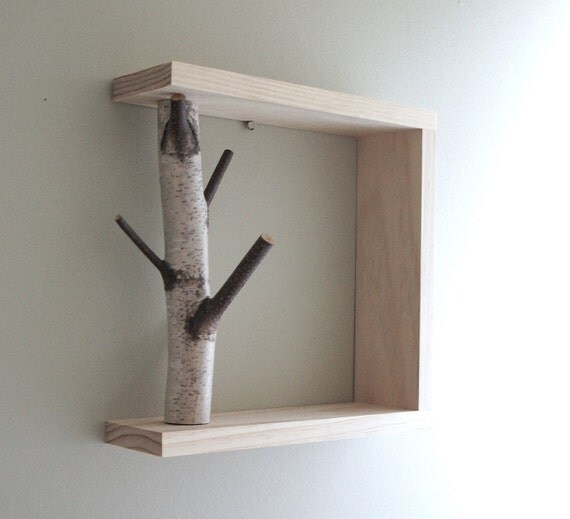 white birch forest - natural white birch wood wall art/shelf