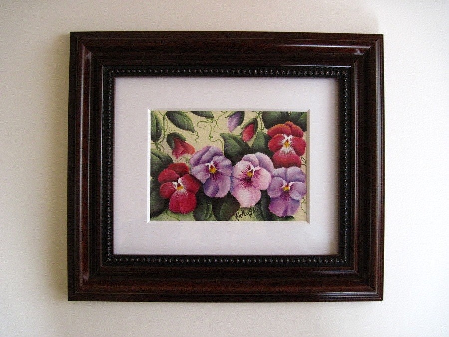 Whimsical Pansies Original Painting,  Framed and Matted, 8 x 10"