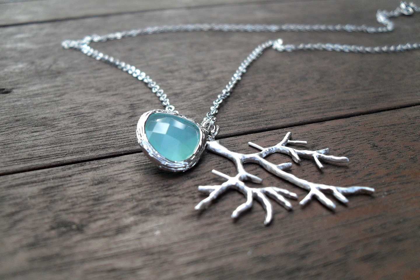 SALE - Pale Aqua Silver Branch Necklace