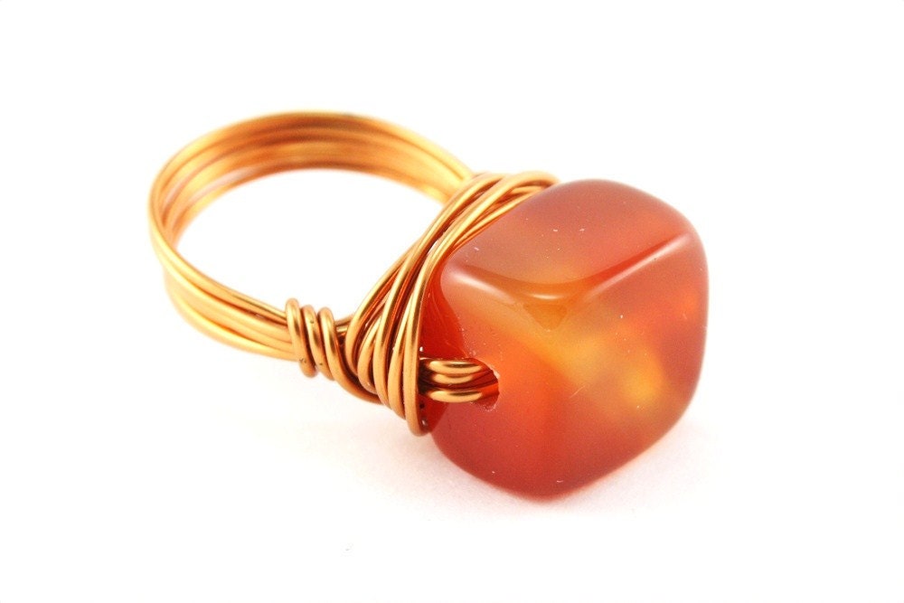 Carnelian & Copper Wire Wrapped Ring Bohemian Jewelry