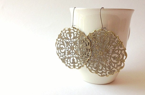 Earrings Antique Brass Spanish Lace Filigree Bohemian Jewelry