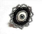 Fantasy Eye Ring in Grey and Black Beaded with an Adjustable Band - MegansBeadedDesigns