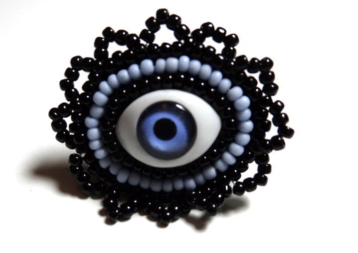 Staring - Evil Eye Ring in Blue and Black Adjustable Bead Embriodered