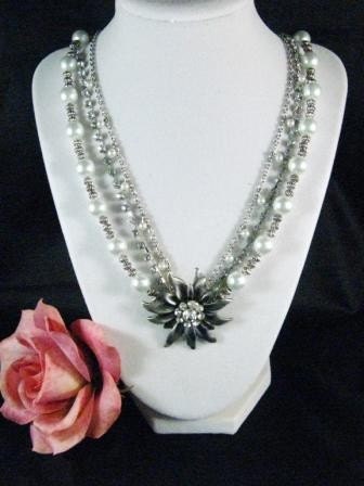 SALE Pearl and Silver FlowerNecklace
