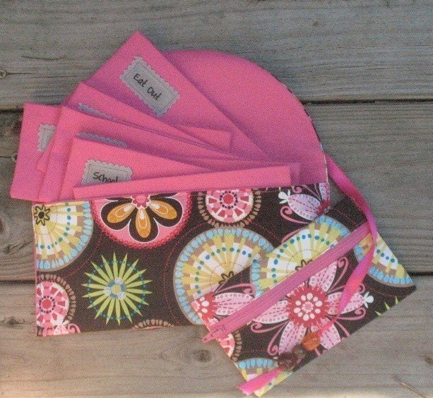 SIX Solid Brown or Pink Fabric Envelopes with Designer Carrier and Designer  Zipper Coin Pouch
