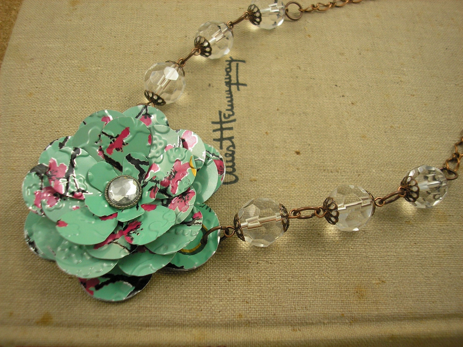 AZ Tea Rose and Crystal Bead Necklace. Recycled Soda Can Flower Art.