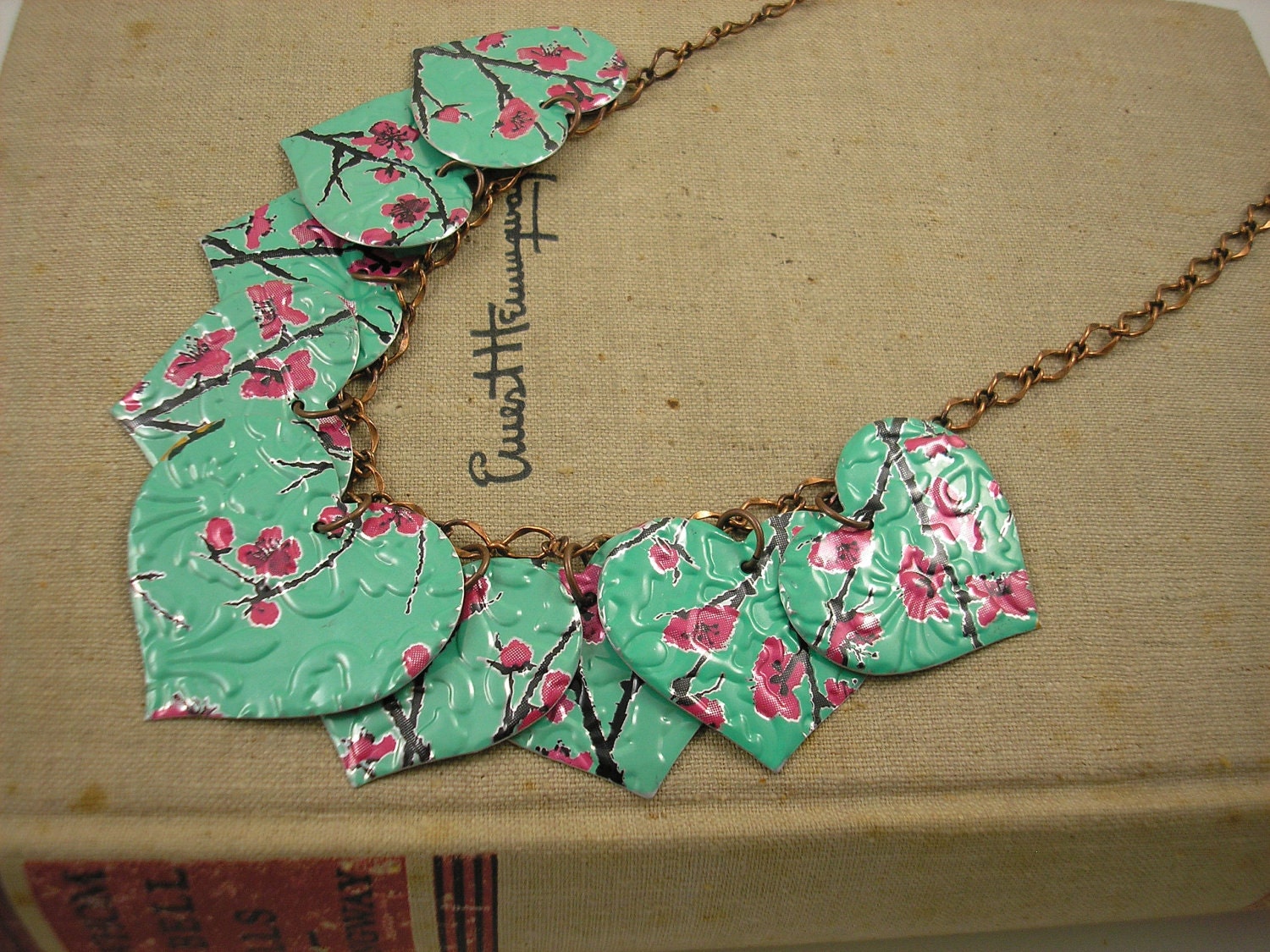 9 Heart Necklace.  DOUBLE-sided and Embossed.  Recycled Soda Can Art.  Arizona Tea