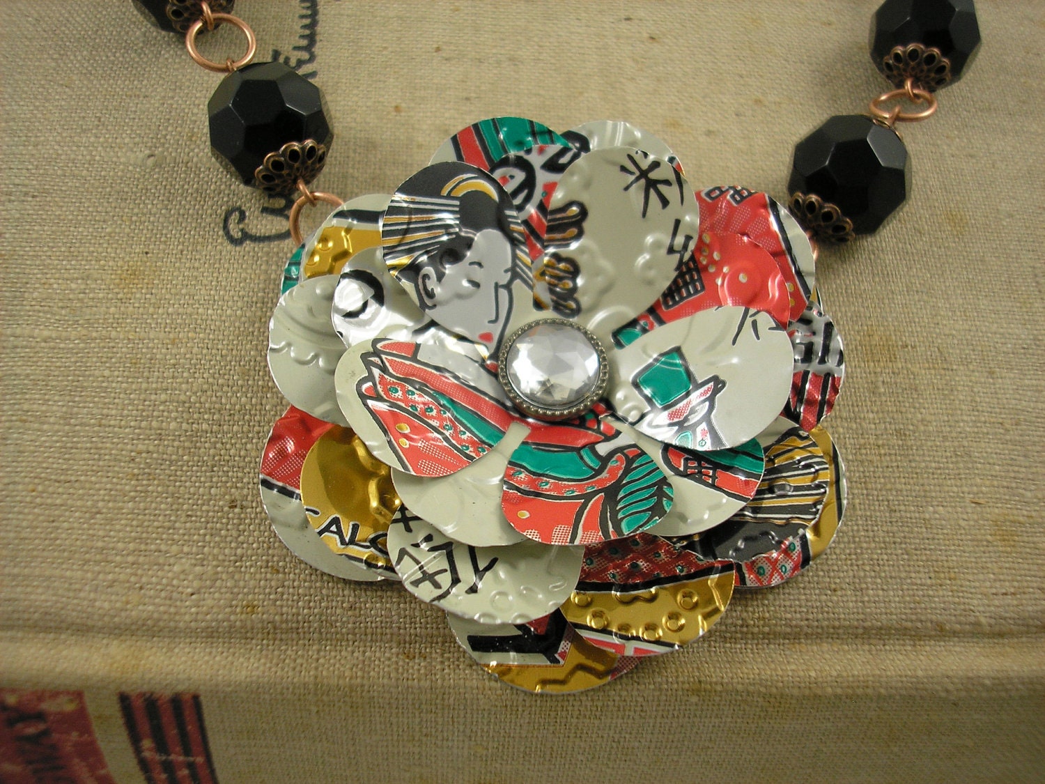 Geisha Rose and Black Bead Necklace . Recycled Soda Can Art. AZ Tea