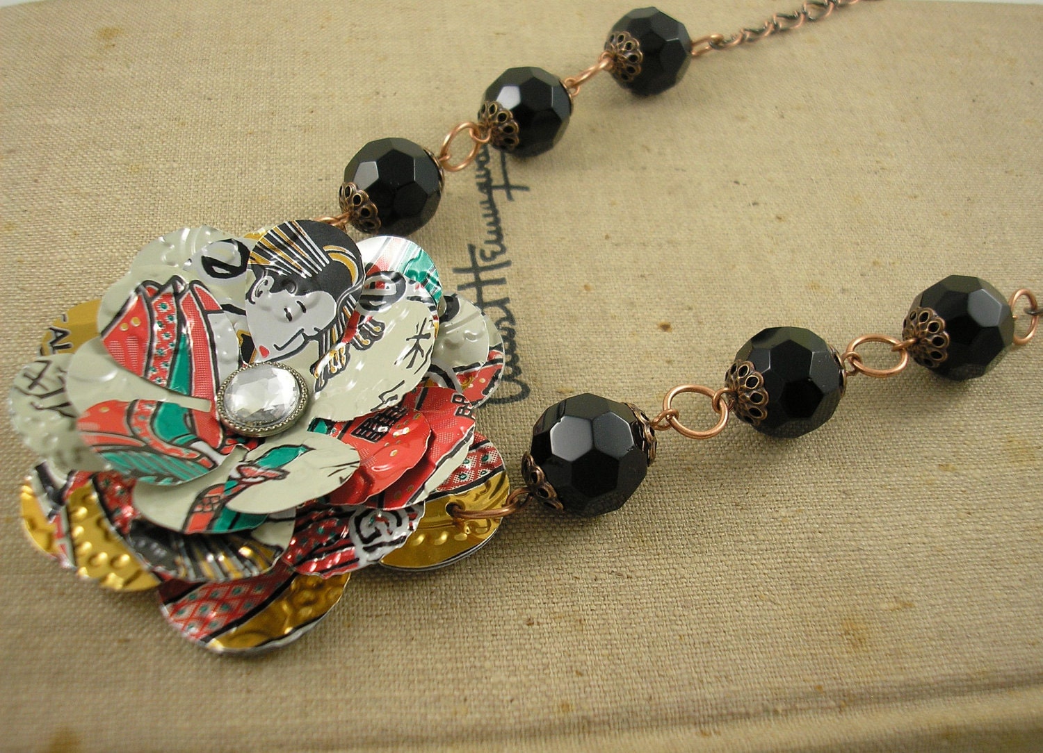 Geisha Rose and Black Bead Necklace . Recycled Soda Can Art. AZ Tea