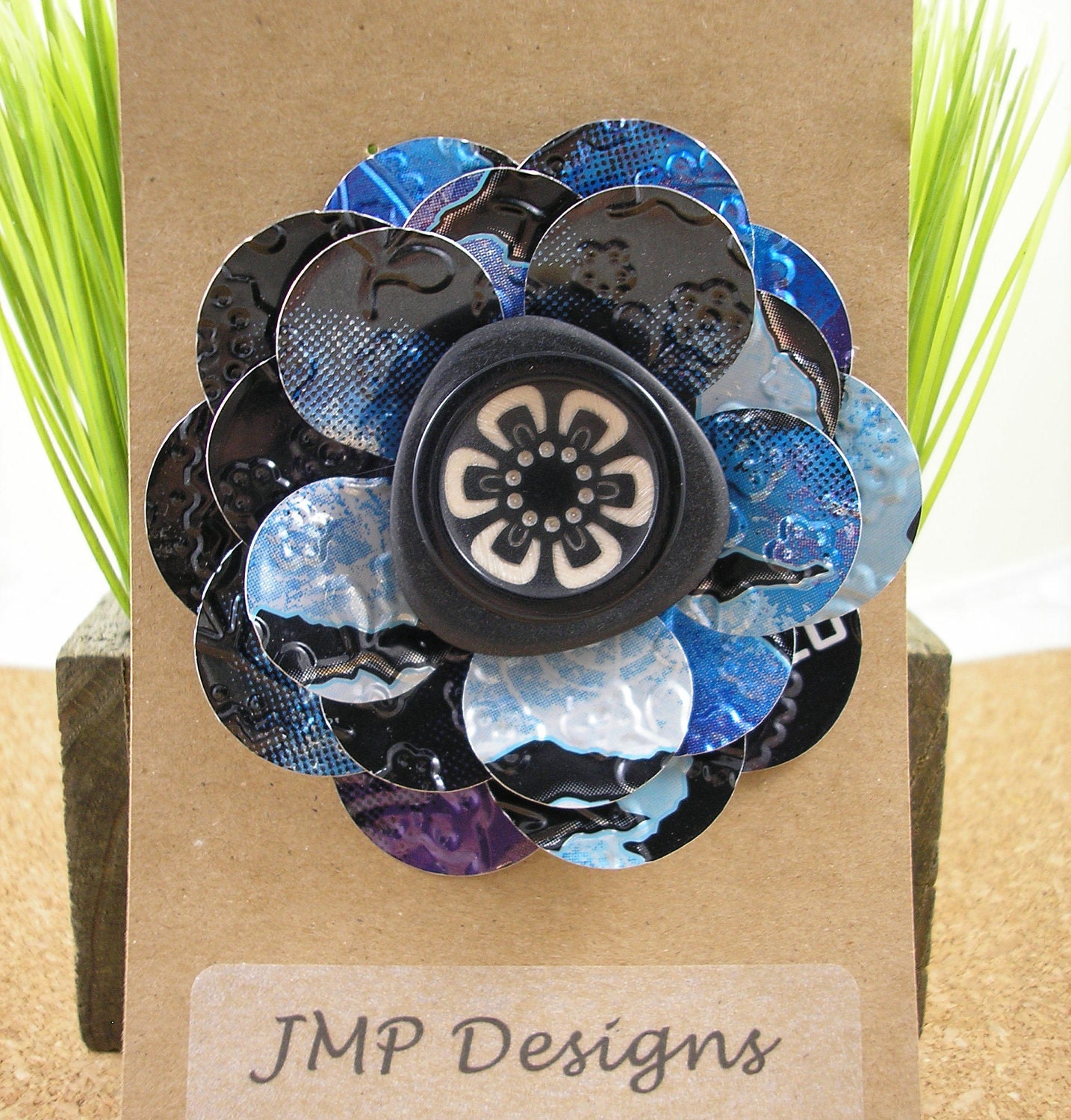 Recycled Soda Can Art. Blue Rose with Button Brooch/Pin. Monster Blue Flower