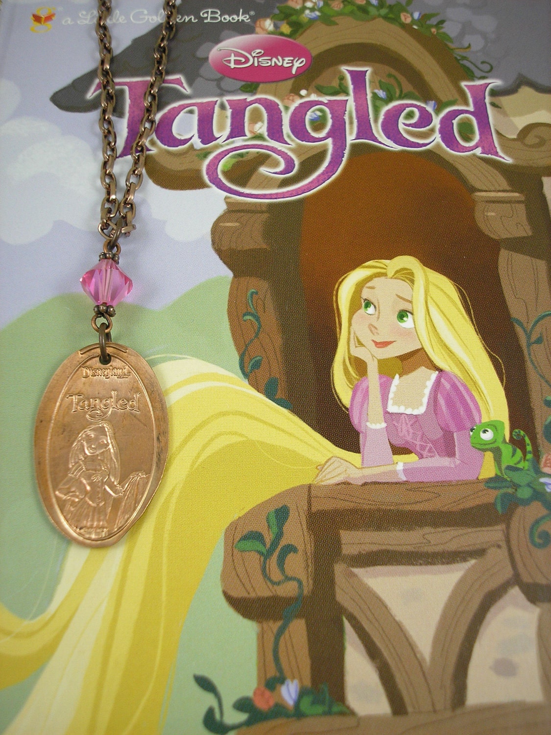 Disneyland - Rapunzel TANGLED with Pink Crystal Bead Necklace - Smashed Penny.  Recycled Art  -  Limited Edition