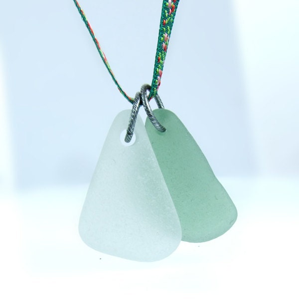 Sea glass Big Pendants / Turquoise and White Beach Glass Pendants