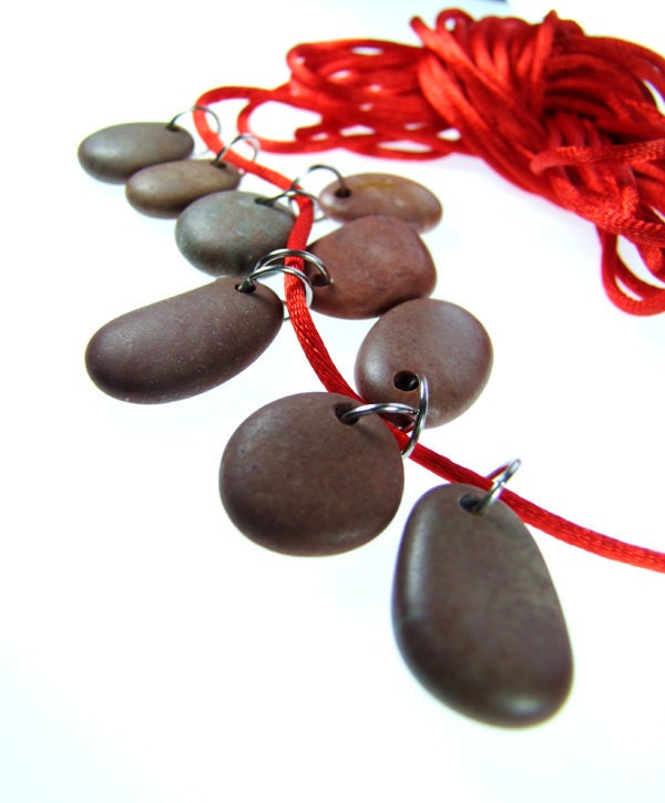 Purple-Red Top Drilled Beach Stones with Jumprings 9 pcs - Pendants