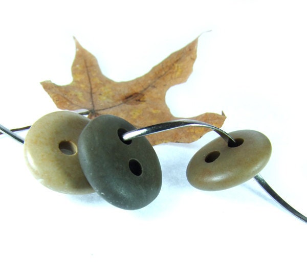 Double Drilled Beach Stone / Genuine Big Stone Buttons - 3 pcs