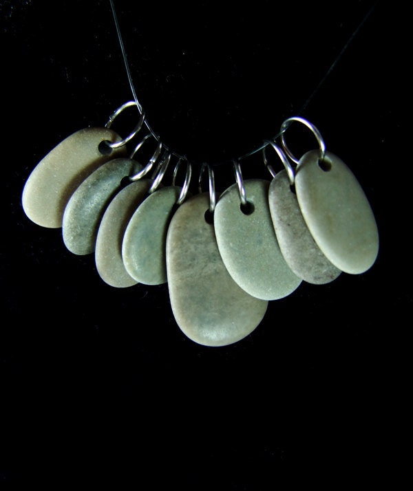 Top Drilled Grey Beach Stones with Jumprings 8 pcs