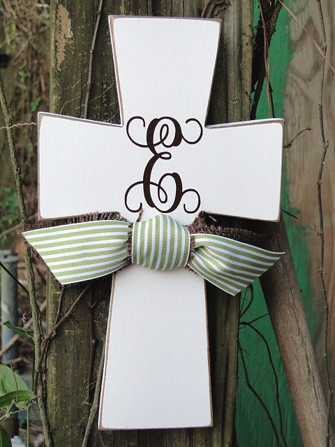 Monogram Wooden Distressed Cross with Celery Green Stripe and Burlap Ribbon